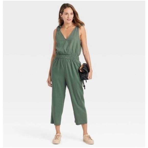 Universal Standard Jumpsuit Women 2XS 6-8 Green Linen V-Neck Belted Pockets Wide - Picture 1 of 16